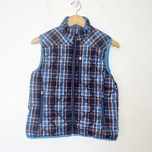 Lands End Quilted Plaid Puffer Vest Women S 6-8 Blue Primaloft Pockets Packable